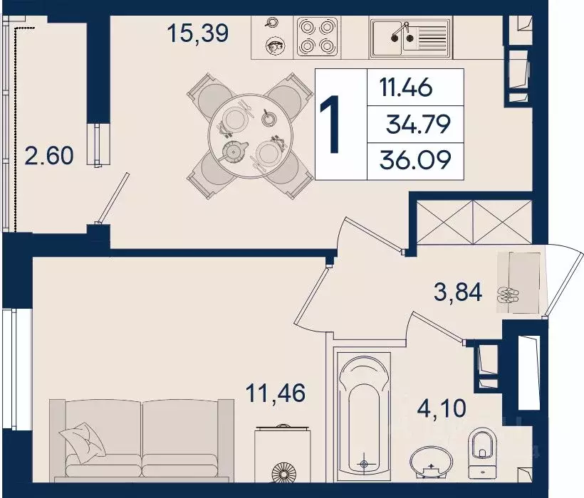 1-к кв. Краснодарский край, Краснодар  (36.09 м) - Фото 1