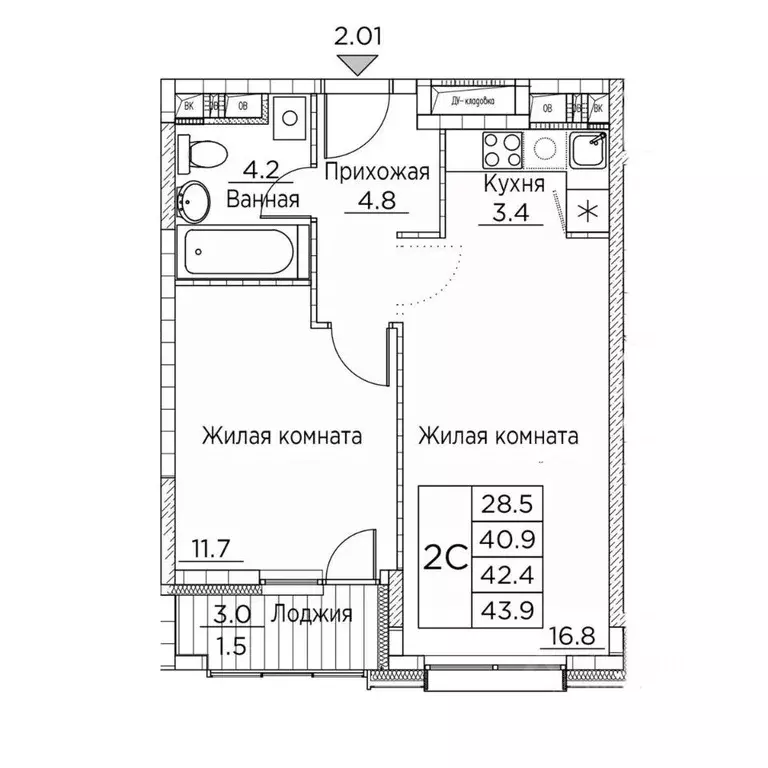 2-к кв. Приморский край, Владивосток ул. Расула Гамзатова, 7к2 (43.9 ... - Фото 1