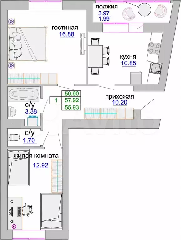 2-к. квартира, 58,6 м, 1/9 эт. - Фото 1