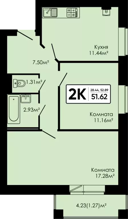 2-к квартира, 51.62 м - Фото 0