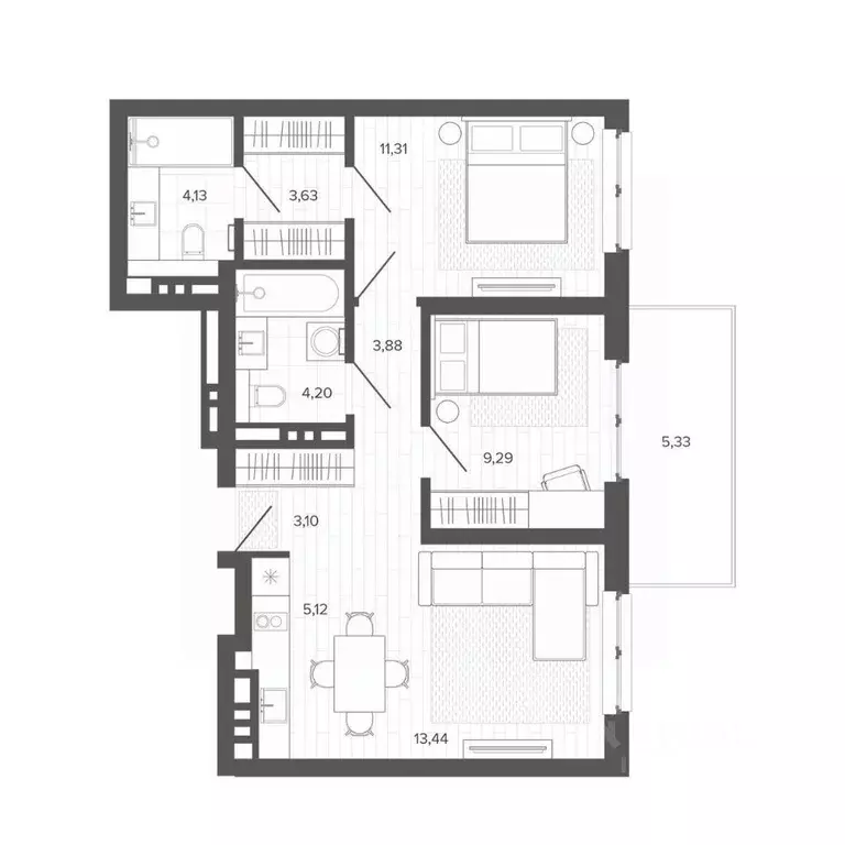 3-к кв. Алтайский край, Барнаул Жилплощадка мкр,  (63.43 м) - Фото 1