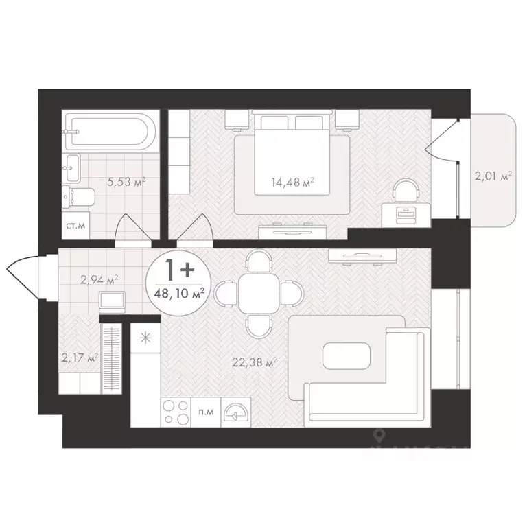 1-к кв. Башкортостан, Уфа Южный-2 мкр,  (48.1 м) - Фото 1