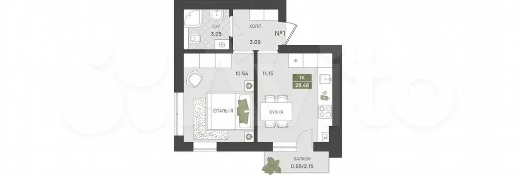 1-к. квартира, 28,5 м, 1/5 эт. - Фото 1