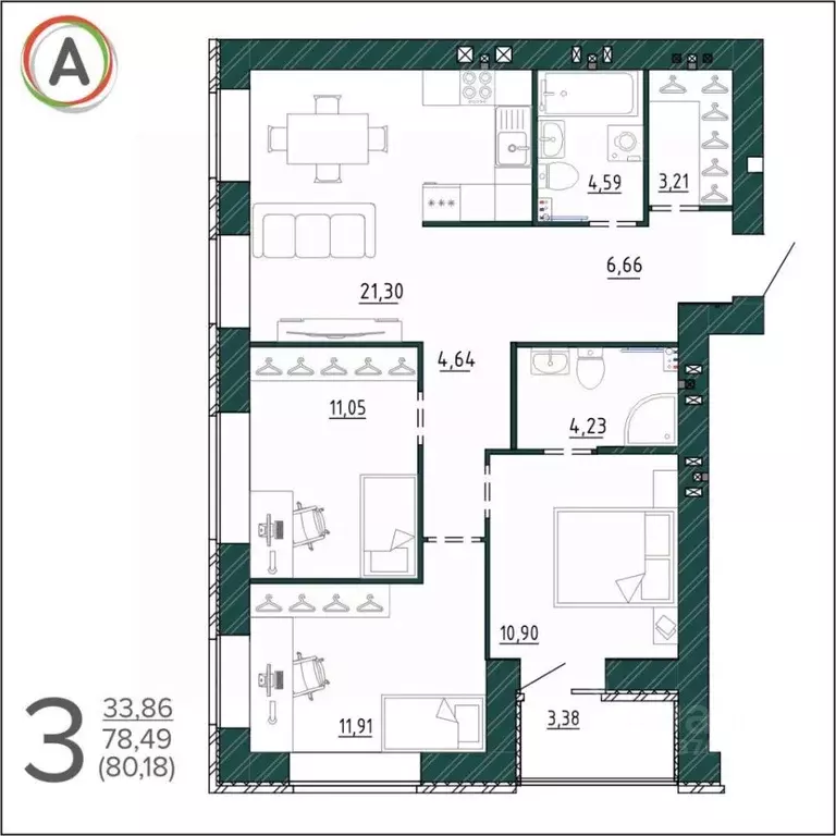 3-к кв. Брянская область, Брянск ул. Ульянова, 24 (80.18 м) - Фото 1