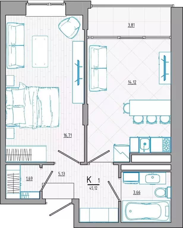 1-к кв. Курская область, Курск ул. Росинка, 7 (46.3 м) - Фото 1