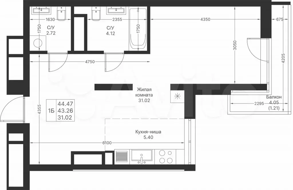 1-к. квартира, 44,5 м, 11/24 эт. - Фото 1