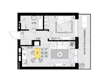 1-к. квартира, 43 м, 1/9 эт. - Фото 1