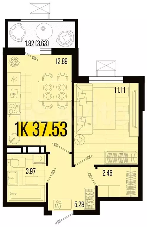 1-к. квартира, 37,5 м, 6/8 эт. - Фото 0