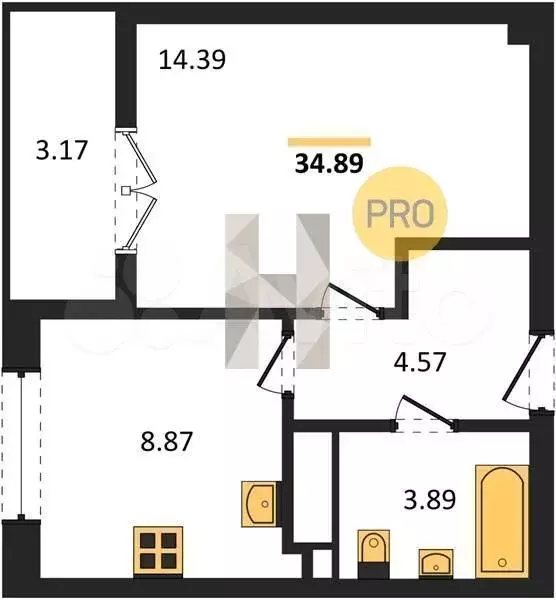 1-к. квартира, 34,9 м, 4/9 эт. - Фото 1