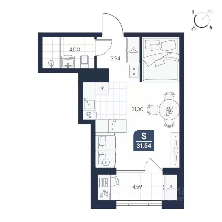 Студия Новгородская область, Великий Новгород Медь кв-л,  (31.54 м) - Фото 1