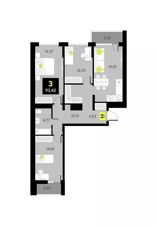 3-комнатная квартира: Тюмень, улица Разведчика Кузнецова, 7 (93.42 м) - Фото 0