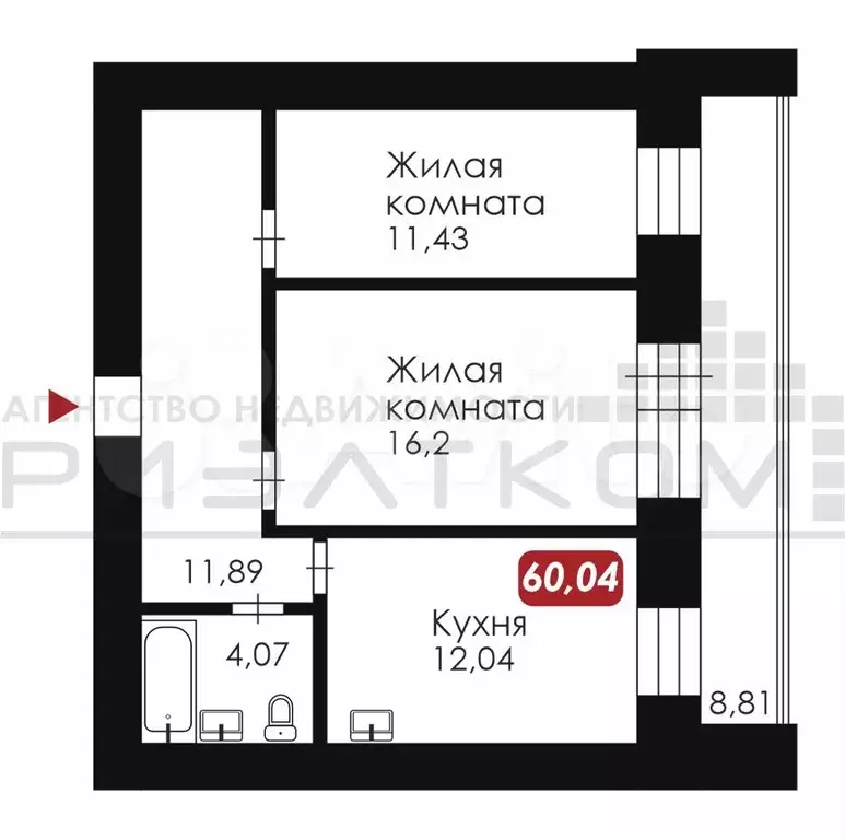 2-к. квартира, 60,4 м, 2/14 эт. - Фото 0