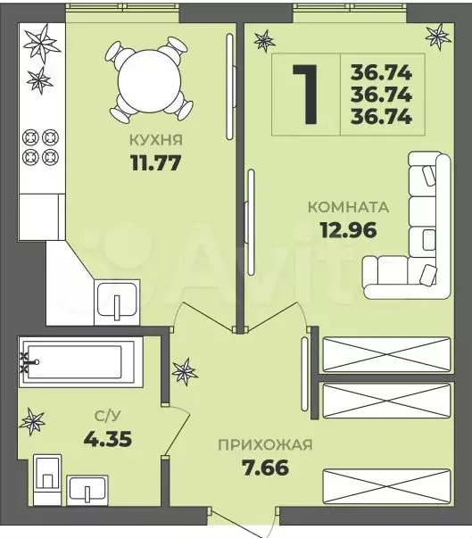 1-к. квартира, 37 м, 7/8 эт. - Фото 1