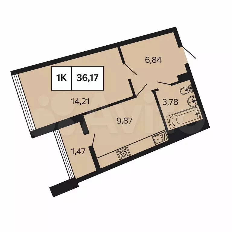 1-к. квартира, 36,2 м, 9/9 эт. - Фото 0