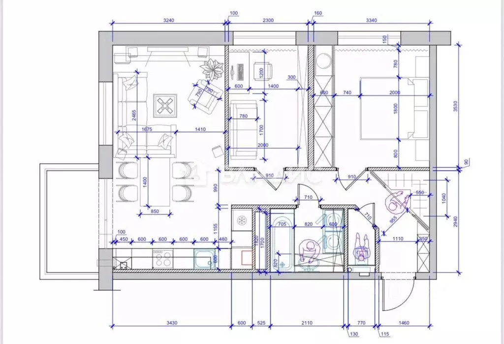 Квартира, 2 комнаты, 56.7 м - Фото 1
