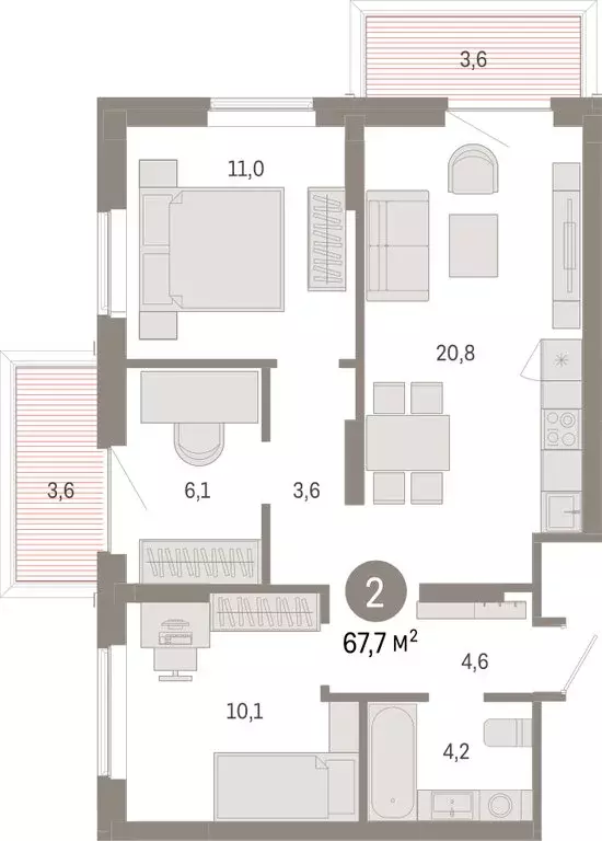 3-комнатная квартира: Омск, Кировский округ (67.67 м) - Фото 1