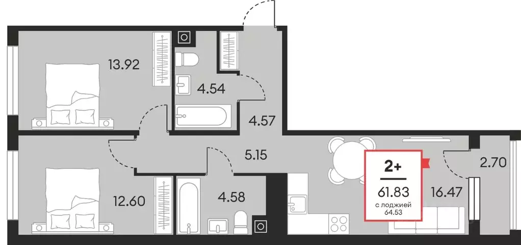 2-к кв. Ханты-Мансийский АО, Нефтеюганск ул. Нефтяников, 48А (61.83 м) - Фото 1
