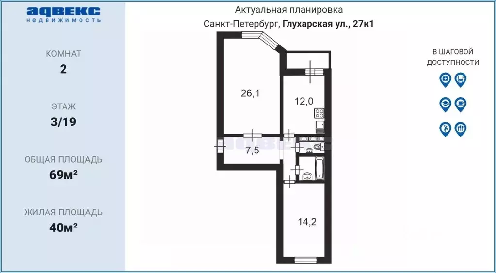 2-к кв. Санкт-Петербург Глухарская ул., 27к1 (69.0 м) - Фото 1