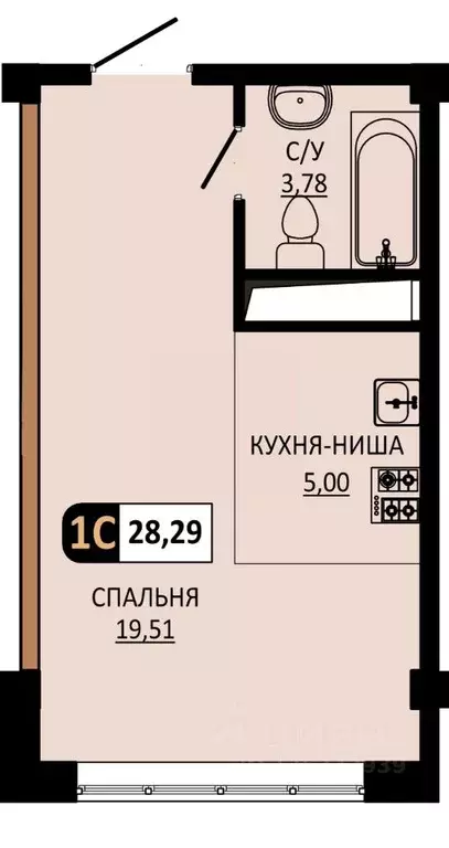 Студия Ставропольский край, Пятигорск ул. Ермолова, 28А (28.29 м) - Фото 1