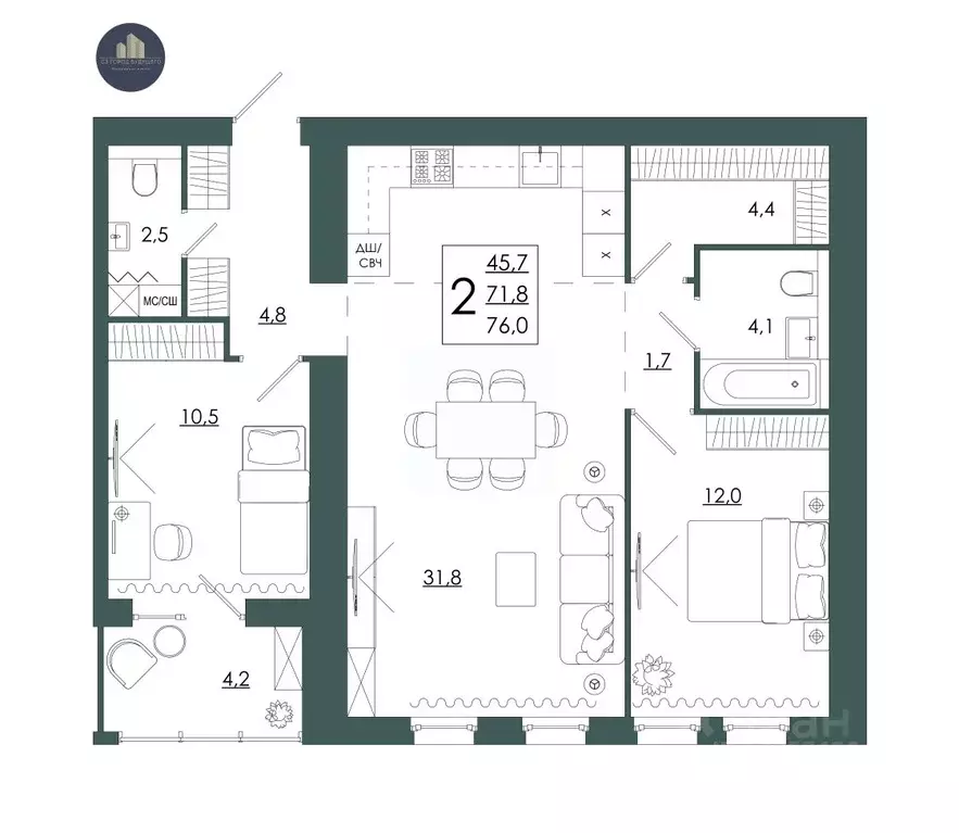 2-к кв. Смоленская область, Смоленск ул. 2-я Киевская, 20Ак1 (76.0 м) - Фото 1
