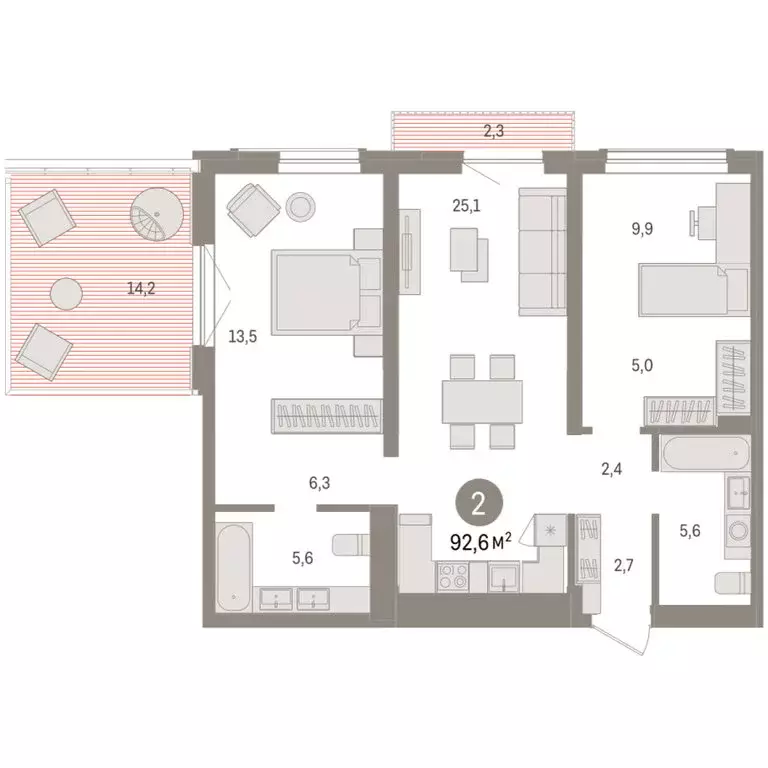 2-комнатная квартира: Новосибирск, улица Аэропорт, 90 (92.56 м) - Фото 2