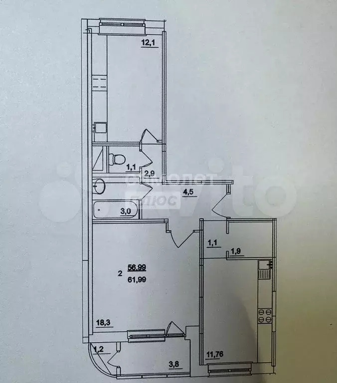 2-к. квартира, 61 м, 7/17 эт. - Фото 0