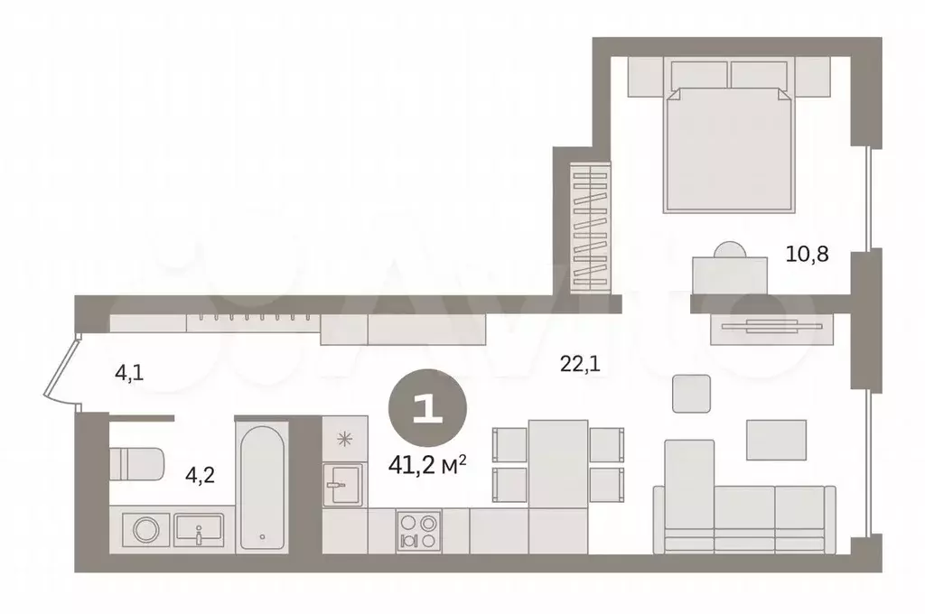 1-к. квартира, 41,2 м, 2/8 эт. - Фото 0