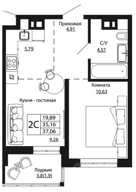 1-к кв. Ростовская область, Ростов-на-Дону ул. Текучева, 370/2 (36.96 ... - Фото 0
