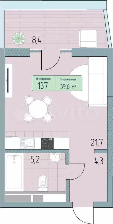 1-к. квартира, 39,6м, 4/9эт. - Фото 1