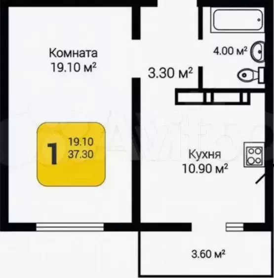 1-к. квартира, 38,5 м, 6/9 эт. - Фото 0