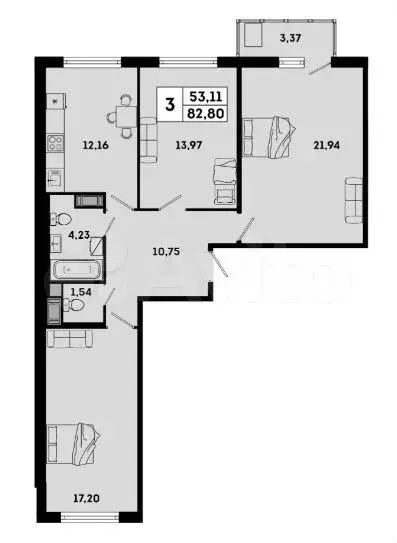 3-к. квартира, 82,8 м, 6/7 эт. - Фото 1