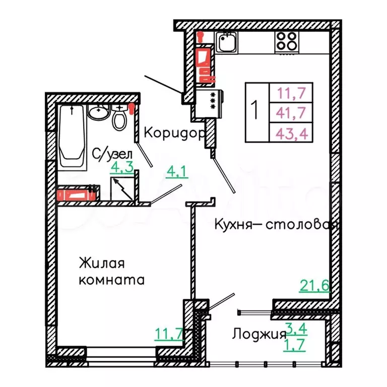 1-к. квартира, 43,4 м, 5/13 эт. - Фото 0