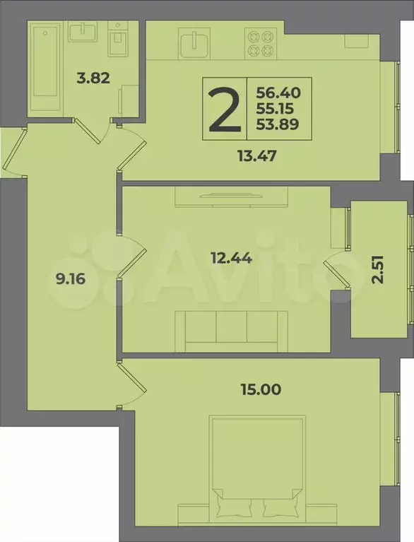 2-к. квартира, 55,2 м, 5/8 эт. - Фото 1