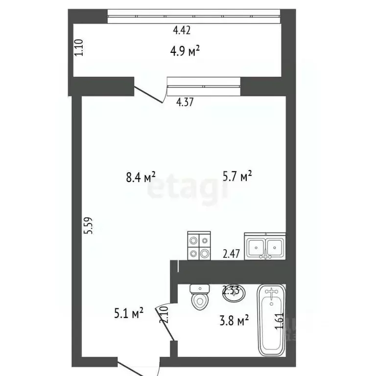 Студия Тюменская область, Тюмень ул. Братьев Бондаревых, 5 (23.0 м) - Фото 1