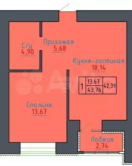 1-к. квартира, 43,8 м, 4/17 эт. - Фото 0