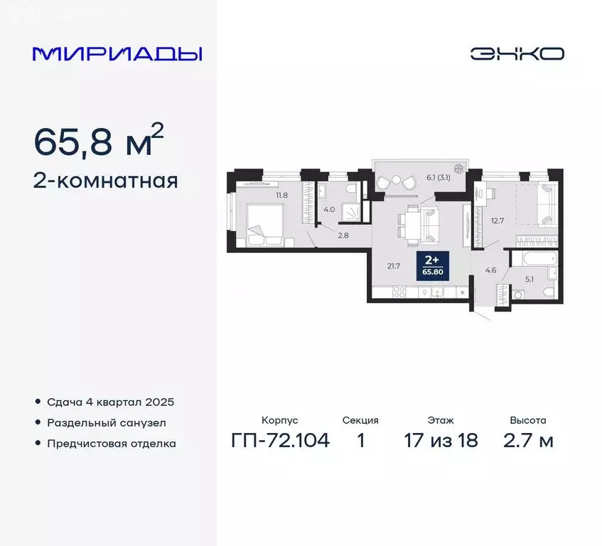 2-комнатная квартира: Тюмень, жилой комплекс Мириады (65.8 м) - Фото 0