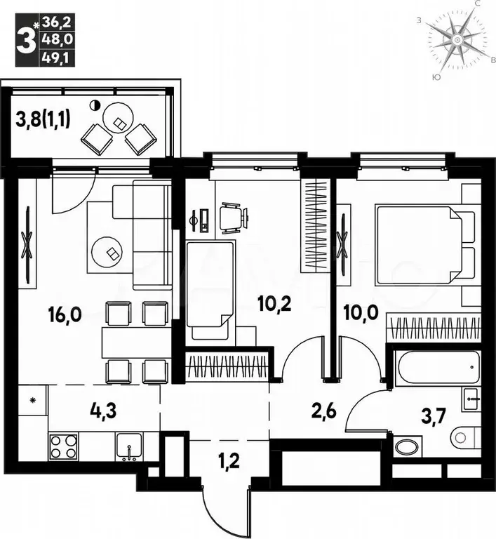 3-к. квартира, 49,1 м, 6/16 эт. - Фото 0