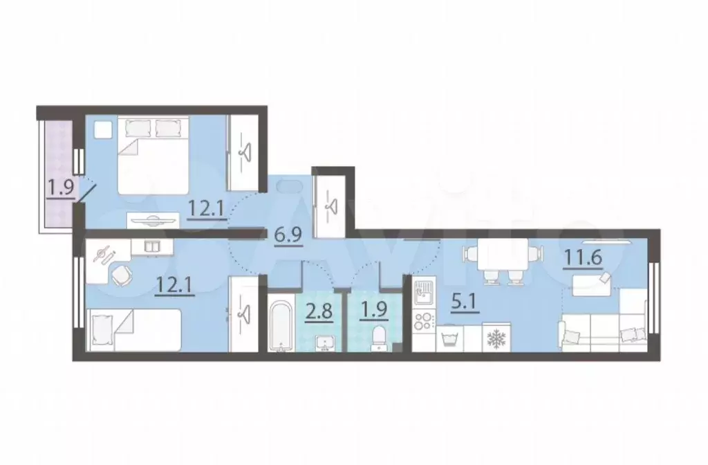 2-к. квартира, 53,5 м, 5/8 эт. - Фото 0