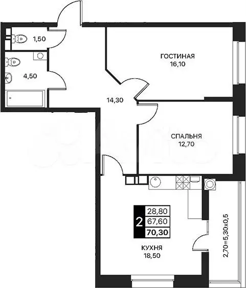 2-к. квартира, 71 м, 5/6 эт. - Фото 1