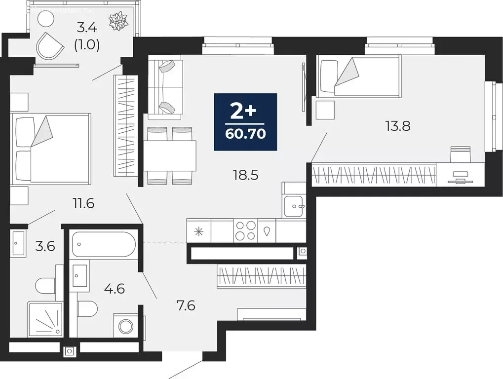 2-комнатная квартира: Тюмень, проезд Капитана Куликова, 5 (63.1 м) - Фото 1