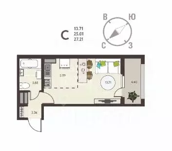 Студия Курская область, Курск ул. Энгельса, 115/3 (26.68 м) - Фото 1
