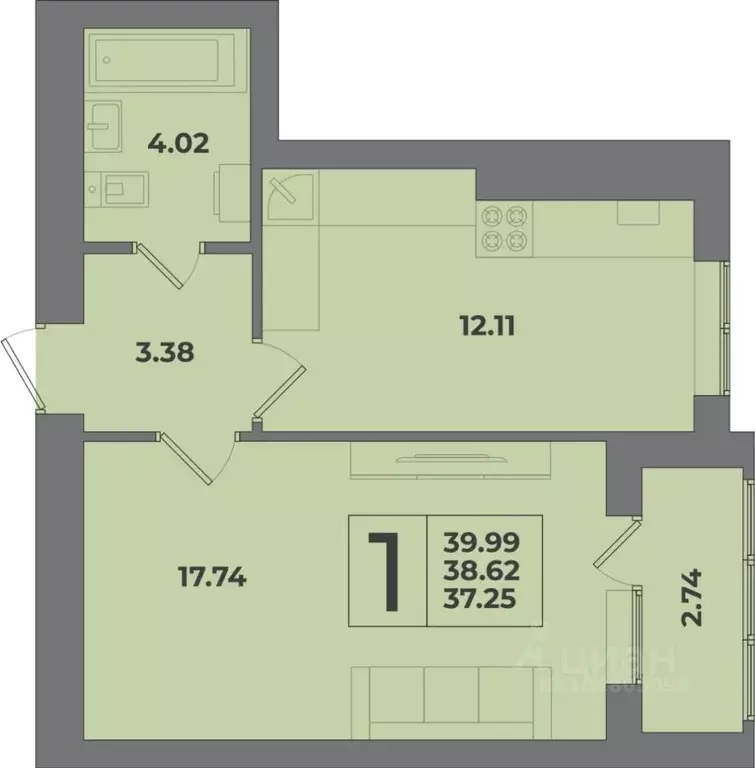 1-к кв. Калининградская область, Калининград ул. Понартская, 12 (39.99 ... - Фото 1