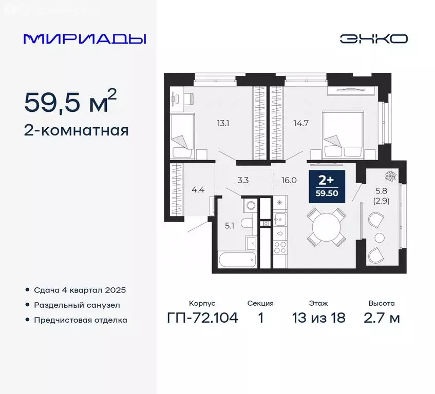 2-комнатная квартира: Тюмень, ЖК Мириады (59.5 м) - Фото 0