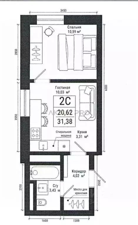 2-к кв. Башкортостан, Уфа ул. Аксакова, 51 (31.38 м) - Фото 1