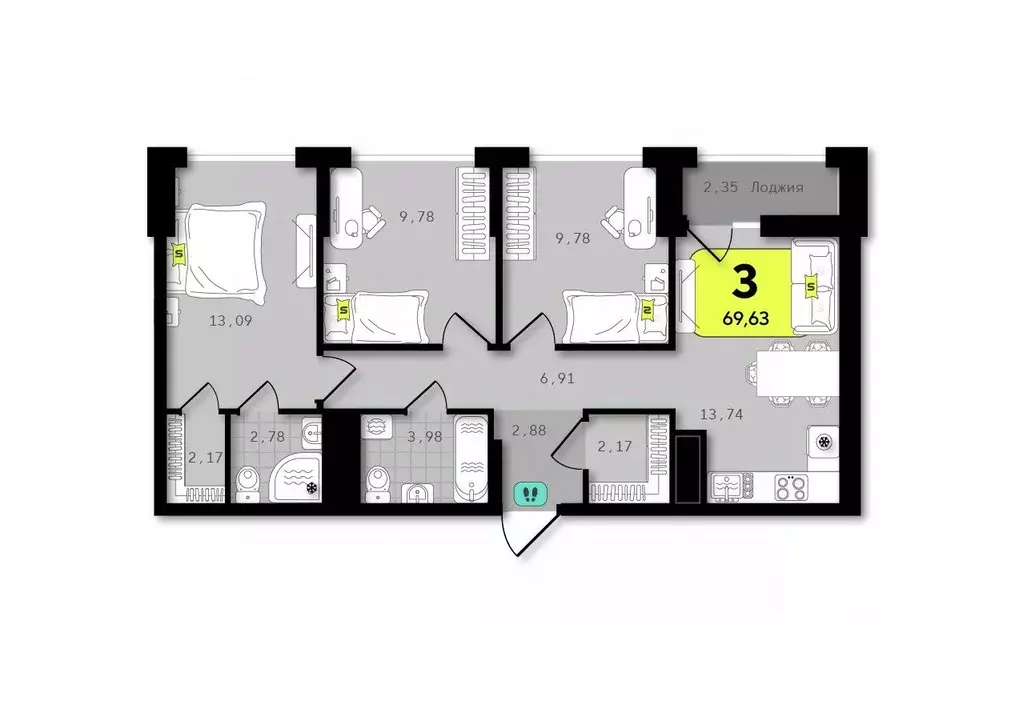 3-к кв. Тюменская область, Тюмень  (69.63 м) - Фото 1