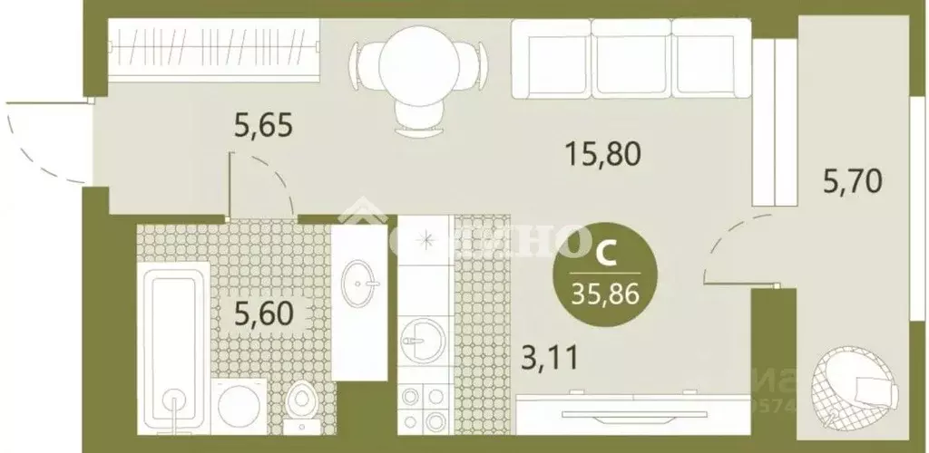 Студия Тюменская область, Тюмень  (35.68 м) - Фото 1