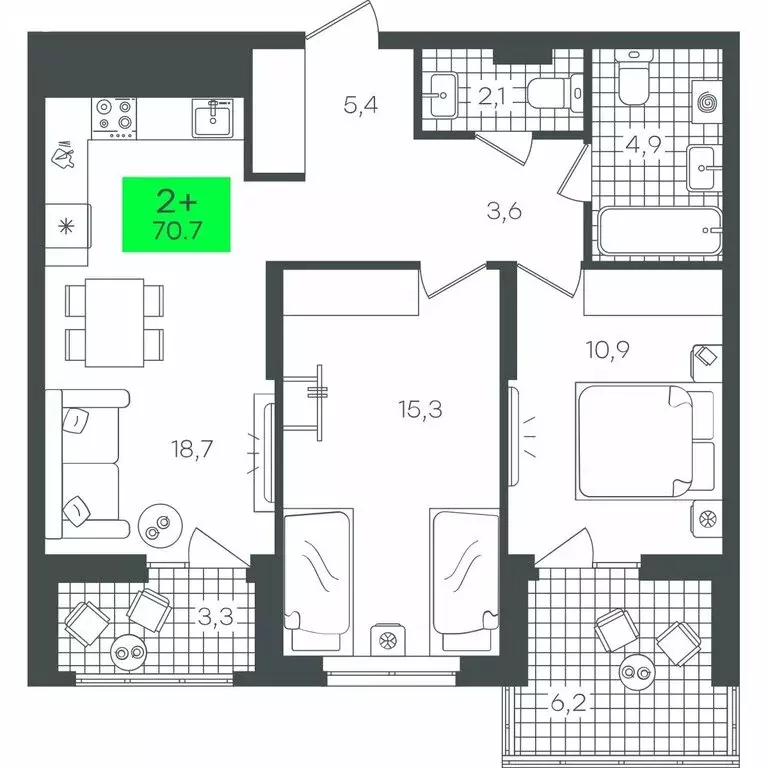 2-комнатная квартира: Тюмень, улица Василия Малкова, 17 (70.79 м) - Фото 1