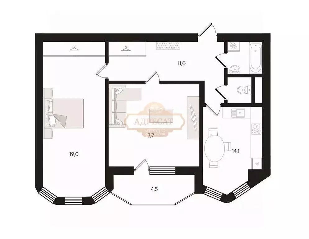 Квартира, 2 комнаты, 67.2 м - Фото 1