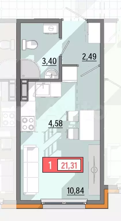 1-к. квартира, 21,3 м, 4/8 эт. - Фото 0