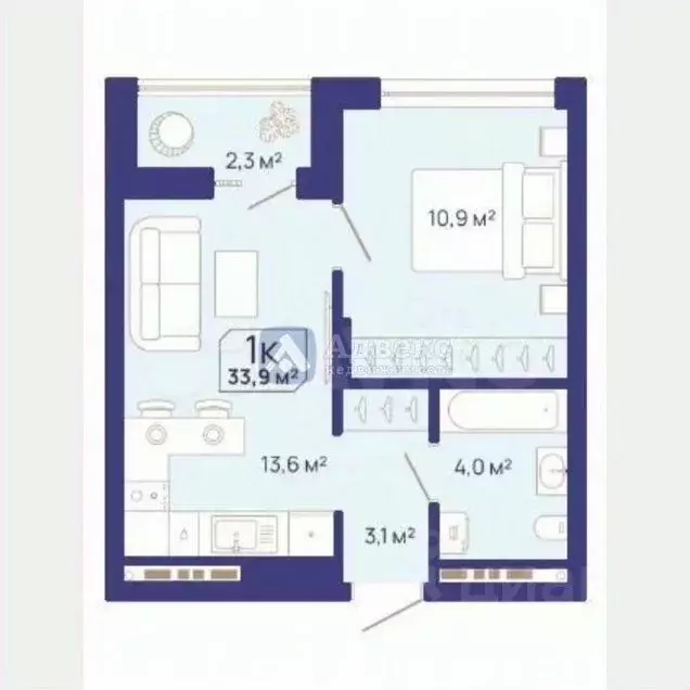 1-к кв. Тюменская область, Тюмень ул. Заполярная, 3 (33.9 м) - Фото 1